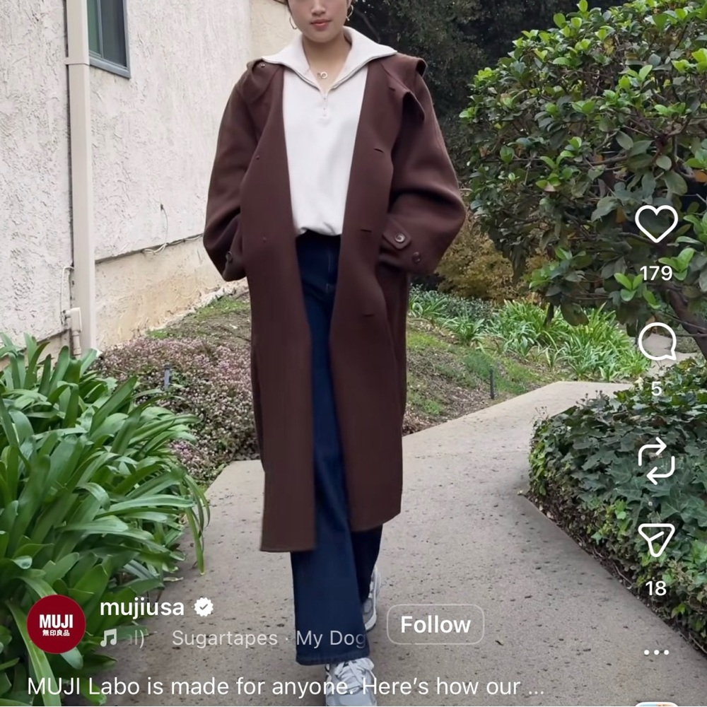 Muji Brown Wool Cashmere Hooded Coat with White Top